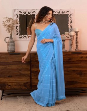 sky blue saree - faux georgette embroidery | blouse - heavy satin silk fabric embroidery work party wear 