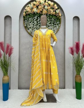 yellow gown - faux georgette with inner with digital print & sequance work | length - 54 | size - m ( 38 ) | l ( 40 ) | xl ( 42 ) | pent - crep with plain work | size - stitched with elastic | dupatta - faux georgette with digital printed with fancy lace work ( 2.2 m) fabric digital printed work casual 