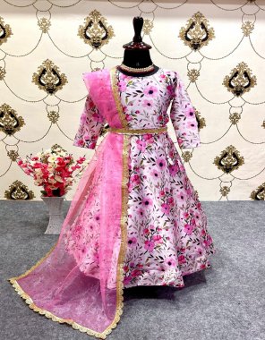 pink gown - heavy malay satin with digital print with sleeve and less belt | inner - micro cotton | length - 3 - 5 yrs - 35 inch | 6 - 8 yrs - 40 inch | 9 - 11 yrs - 45 inch | 12 - 15 yrs - 50 inch | dupatta - heavy net with silver & gold moti with heavy lace border  fabric printed work party wear 