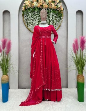 red top - faux georgette | inner - micro | stitching type - full stitch upto 42 | waist belt - faux georgette thread with sequance | sharara - faux georgette | inner - micro thread sequance work | stitch - full stitch upto 44 with elastic | dupatta - faux georgette thread work  fabric sequance work festive 