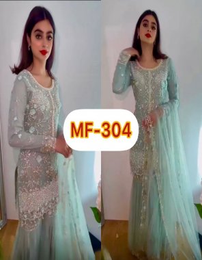 sky blue top - heavy faux georgette embroidery sequance work full sleeves with latkan dori | inner - heavy micro cotton | length - 36 - 37 inch | top size - upto 42 xl free size & xxl 44 margin ( full stitched ) | sharara - heavy faux georgette with embroidery sequance work fully flair | inner - heavy micro cotton | length - 42- 43 inch ( full stitched ) | dupatta - heavy faux georgette embroidery sequance fancy border work  fabric embroidery work festive 