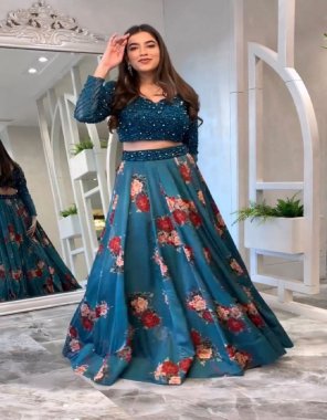 sky blue lehenga - organza silk with digital printed | inner - heavy silk | flair - 3 m | blouse - organza silk with embroidery sequance | blouse size - xl 42 full stitched ( upto 44 margin ) full sleeves  fabric printed work casual 