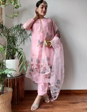 pink top - soft organza with handprint with heavy handcrafted | bottom - stretchable fabric with elastic | dupatta - organza with handprint in hancrafted ( 2.30 m) | size - 42 upto 44 fabric handcrafted work party wear 
