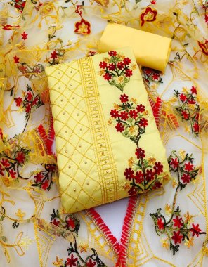 yellow top - cotton blend with aari work ( pearl work ) (2.10 m) | bottom - cotton blend ( 2 m) | dupatta - net with aari work ( 2.10 m) fabric aari work work casual 