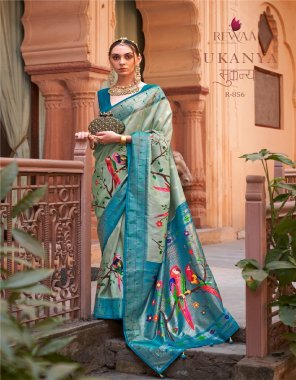 sky blue banarasi silk blend grey woven design peacock  fabric weaving work festive 