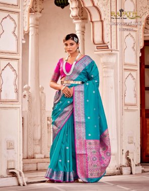 sky blue soft banarasi silk with designer pallu & contrast blouse fabric weaving work festive 
