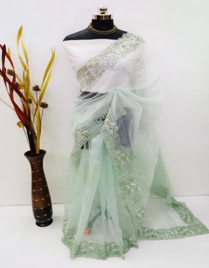 parrot green organza with lucknowi embroidery | blouse - matching silk fabric embroidery work festive 