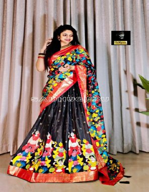black lehenga - pure dola silk with khajuri crushed | waist - supported upto 42 | lehenga closer - stitched with canvas | length - 41 | flair - 4 m | inner - micro cotton | type - stitched | blouse - dola silk with foil printed | blouse length - 1 m | type - unstitched | dupatta - pure dola silk with viscose border ( 2.5 m) fabric crushed work work party wear 