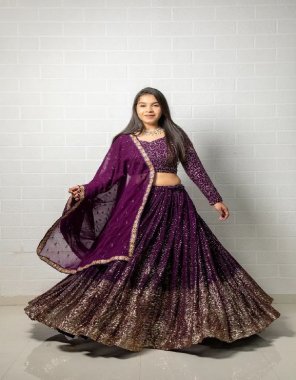 wine choli- faux georgette | inner - micro | size - unstitch upto 44 | lehenga - faux georgette | inner - micro  | size - semi stitch upto 44 | flair - 3m with canvas | dupatta - faux georgette with thread sequance work  fabric embroidery work casual 