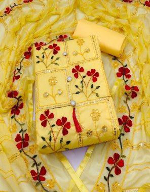 yellow top - pc cotton with chen work ( 2.10 m) | bottom - cotton ( 2 m) | dupatta - nazmin with embroidery aari work ( 2.10 m) fabric embroidery work festive 