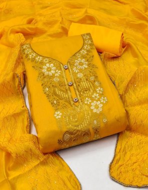 yellow top - original banarasi jacquard ( 2 m) | bottom - heavy santoon ( 2 m) | dupatta - dyeable crosset work ( 2.10 m) fabric jacquard work party wear 