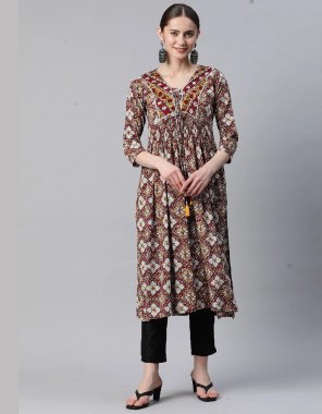 brown rayon | kurti length - 45 inch fabric printed & gota work work casual 