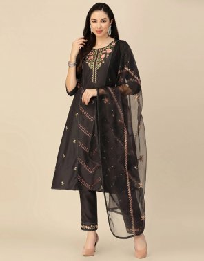 black kurti - chinon | length - 46 inch embroidery work | bottom - chinon | length - 38 inch | dupatta - organza ( 2.20 m) fabric embroidery work festive 