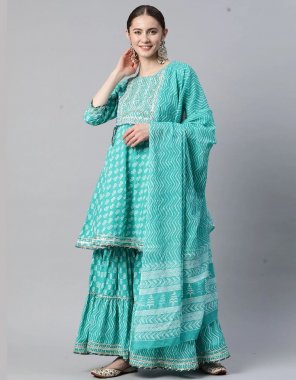 sky blue kurti - cotton | kurti length - 36 inch | bottom - cotton | bottom length - 38 inch | dupatta - cotton 2.20 m fabric printed work ethnic 