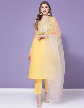 yellow kurti - chinon | kurti length - 45 inch | bottom - semi chinon | length - 37.5 inch | dupatta - organza ( 2.20 m)  fabric embroidery work festive 