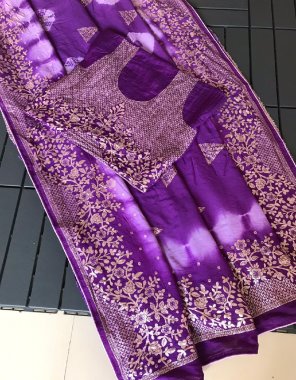 purple saree - pure viscose silk with handbandhej | blouse - running blouse with butti neck & back with sleeves weaving fabric weaving work casual 