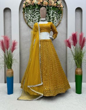 yellow choli - faux georgette | inner - micro | size - unstitch upto 42 | lehenga - faux georgette | inner - micro | stitchinh type - semi stitch upto 42 | flair - 3m with cancan with canvas | dupatta - soft net with four side lace work  fabric embroidery work party wear 