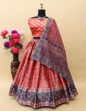pink lehenga - heavy crape silk | waist - supported upto 42 | lehenga closer - drawstring with tassels and zip | stitching - stitched with canvas | lehenga length - 42 + | flair - 3.80 m | inner - micro cotton | type - stitched | blouse - heavy crape silk | type - unstitched ( 1.00m) | dupatta - chanderi silk ajrakh print with gotta patti lace border ( 2.5m) fabric digital printed work casual 