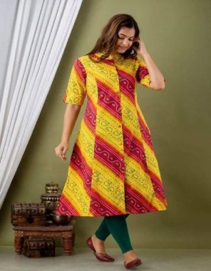 yellow cotton digital printed | sleeves - 3/4 | length - 42+ inch fabric printed work casual 