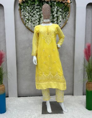 yellow top - chikan kurti | inner - micro | pant - slub cotton | stitch - full stitch upto 44 with elastic  fabric thread work work ethnic 