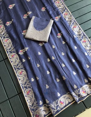 blue saree - pure dola silk with meenakari and zari weaving | blouse - dola silk with zari wooven blouse fabric weaving work casual 