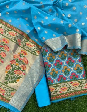 sky blue top - pure chanderi banarasi silk ( 3m cut including 0.40m sleeves ) | bottom - chanderi silk ( 2.50 m cut ) | dupatta - woven chanderi banarasi silk ( 2.30 m cut ) | size - fits upto 60 | length - 48 
