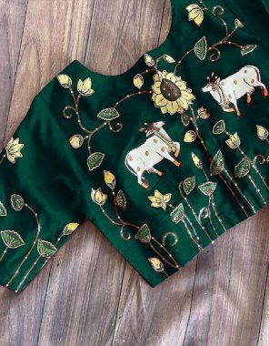 dark green pure silk with decent print with handcrafted  fabric printed work festive 