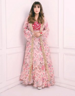 baby pink lehenga - soft glory silk with digital print | koti / shrug - digital print glory silk and real mirror work | koti / shrug - max upto 44 | length - 50