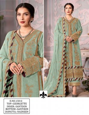 parrot green top - heavy georgette with sequance embroidery work & diamond work | dupatta - nazmeen with embroidery & fancy work | bottom - heavy silk santoon with patch work | inner - heavy silk santoon | length - max 46 