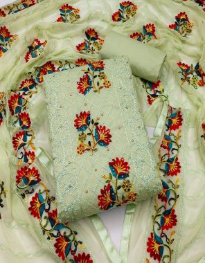 parrot green top - pc cotton with aari work ( 2.10 m) | bottom - cotton ( 2m) | dupatta - nazmin with aari work ( 2.10 m)  fabric embroidery work festive 