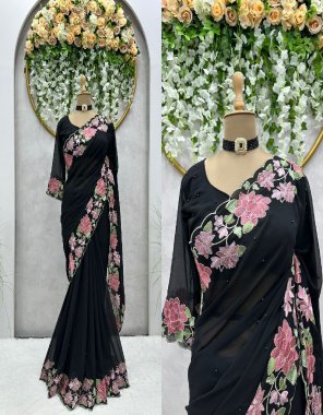 black saree - faux georgette thread georgette | type - ready to wear | blouse - faux  georgette thread pearl work ( 0.80 cm unstitch ) fabric embroidery work festive 