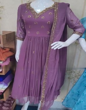 purple gown - heavy faux georgette | sleeves - full sleeve with embroidery sequance work | inner - heavy micro cotton | gown flair - 3m | gown length - 54 - 56 inch | gown length - xl stitched with xxl marhin | dupatta - heavy fox georgette fancy embroidery work  fabric embroidery work ethnic 