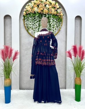 navy blue top - foux georgette | inner - micro | stitching type - full stitch upto xl ( 42 ) | plazzo - faux georgette with | size - full stitch upto 44 with elastic | dupatta - faux georgette thread with fancy latkan  fabric thread sequance work festive 