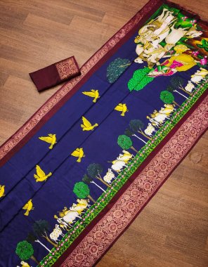 navy blue handloom dola silk kalamkari printed fabric printed work festive 