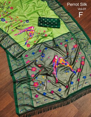 parrot green soft pure dola silk fabric printed work festive 