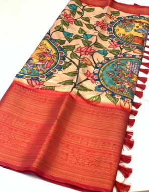 peach pratibha soft banarasi silk kalamkari block print fabric printed work casual 