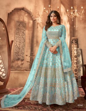 sky blue top & sleeves & dupatta - net with sequance coding embroidery | inner - japani satin| bottom - santoon | size - max upto 46+ | length - max upto 54 | flair - max upto 3.20 | type - semi stitched fabric embroidered  work casual 