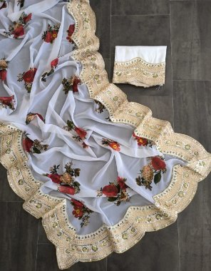 white saree - soft georgette with digital printed | blouse - mono banglory silk with embroidery fabric digital printed work festive 
