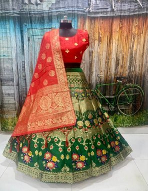 dark green lehenga - brocade fabric lehenga with inner | cancan & canvas | semi stitched | size - upto 42 | length - 42 | blouse- pure silk with designer blouse | type - fully stitched ( upto 42 ) | dupatta - pure banarasi silk  fabric weaving work casual 