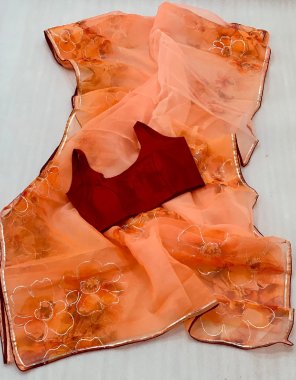 orange pure organza with beautiful handprint | blouse - silk stitched blouse  fabric printed work festive 