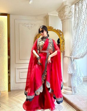 red indo western sharara - organza with inner | side zipper chain with pre draped dupatta | size - upto 42 free size  | belt with codding work | blouse - banglory silk | size - xl full stitched ( upto 44 ) | shrug - organza silk with thread with sequance work  fabric embroidery work party wear 