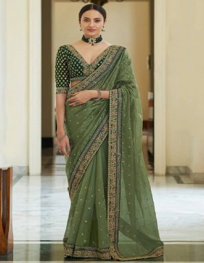 mahendi saree - organza silk with embroidery lace | blouse - banglory silk with full embroidery work fabric embroidery work festive 