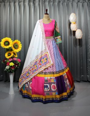 pink lehenga - soft buttersilk | inner - micro cotton | length - 42 - 44 inch | flair - 4 m | type - stitched | choli - soft buttersilk with digital & real mirror work | type - unstitched ( 1.20 m fabric ) | dupatta - soft buttersilk digital printed & real mirror work ( 2.20 m)  fabric digital printed work ethnic 