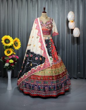 black lehenga - soft buttersilk | inner - micro cotton | length - 42 - 44 inch | flair - 4 m | type - stitched | choli - soft buttersilk with digital & real mirror work | type - unstitched ( 1.20 m fabric ) | dupatta - soft buttersilk digital printed & real mirror work ( 2.20 m)  fabric digital printed work festive 