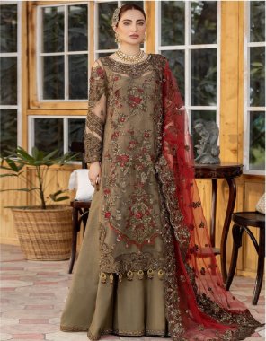 brown top - net with sequance embroidery diamond work | dupatta - net with sequance work | bottom - heavy santoon with patch work | inner - santoon | length - 44 