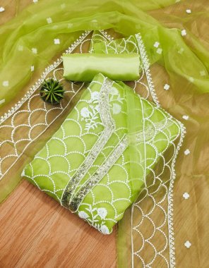 parrot green top - organza with cotton thread work ( 1.9m ) | inner & bottom - santoon ( 3.6 m) | dupatta - organza border work ( 2.1 m) fabric thread embroidery work ethnic 