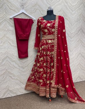 red top - heavy faux georgette | sleeves - full sleeves with embroidery sequance work | inner - micro cotton | top length - 53 - 55 inch | top size - xl full stitched with xxl margin | belt - heavy faux georgette with heavy embroidery sequance work | pent - heavy buttersilk | pant length - 40 - 42 inch upto xxl | dupatta - heavy faux georgette with fancy embroidery sequance work ( 2.1 m) fabric embroidery work casual 