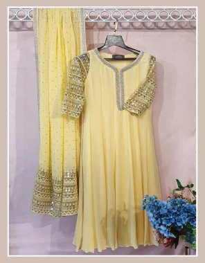 yellow gown - heavy faux georgette neck fancy stitching with embroidery sequance work | sleeves - full sleeves with fancy embroidery | inner - heavy micro cotton | gown length - 52 - 53 inch | flair - 3m | gown type - fully stitched | bottom - heavy buttersilk | dupatta - heavy faux georgette with heavy embroidery sequance work with one side box pallu work fabric embroidery work ethnic 