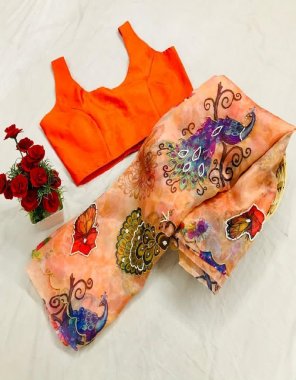 orange pure original organza printed | blouse - silk stitch ( 38 upto 42 )  fabric printed work festive 