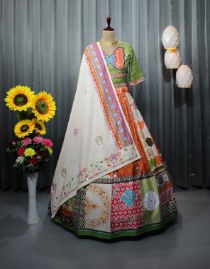multi lehenga - soft buttersilk | inner - micro cotton | length - 42 -44 inch | flair - 4 m | type - stitched | blouse - soft buttersilk | type - unstitched ( 1.20 m) | dupatta - soft buttersilk with digital printed ( 2.20 m)  fabric digital printed work casual 